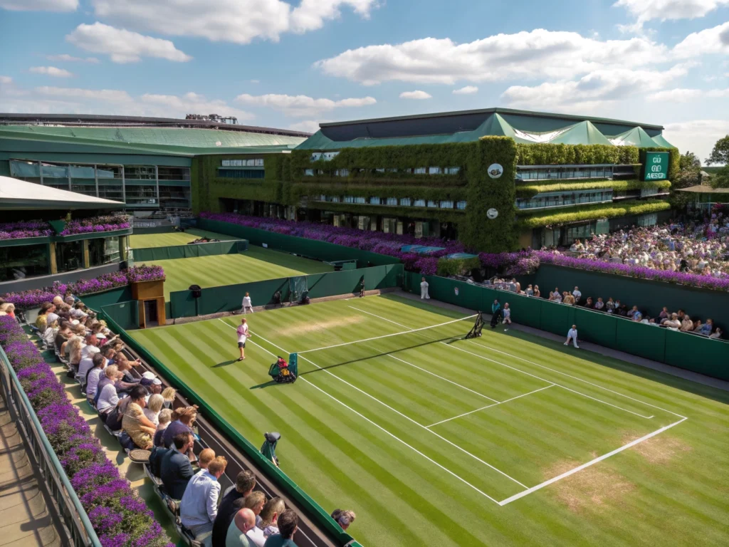 Wimbledon grass court with crowd, showing how to buy Wimbledon tickets